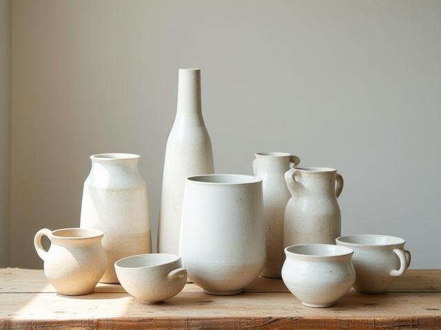 Et utvalg av håndlagde keramikkvaser og boller i jordnære toner