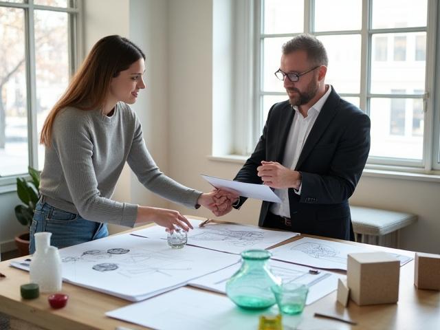 Arkitekt og klient diskuterer design for et interiør